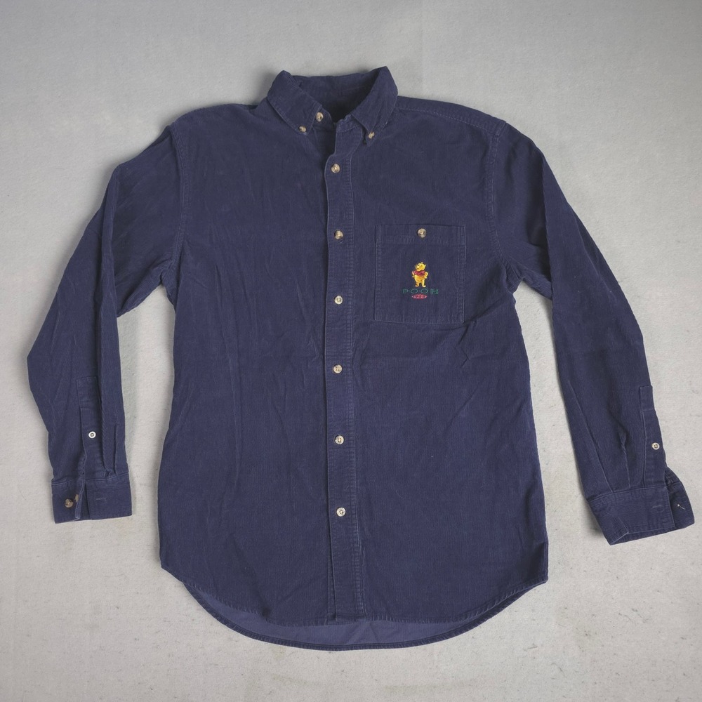 Disney Store Winnie the Pooh Corduroy Button Down Shirt Men's Small Navy Blue‎